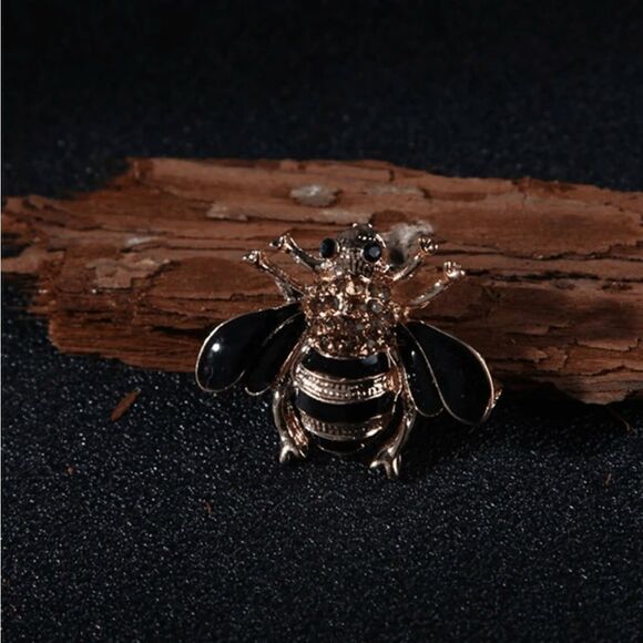 Cottagecore Bee Brooch Gold and Black Tone, Sparkling Jewel accents - Picture 2 of 6